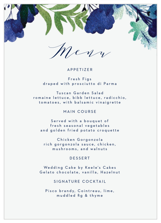 Dress up your wedding with beautiful fashion with our Garden Florals Wedding Menus.