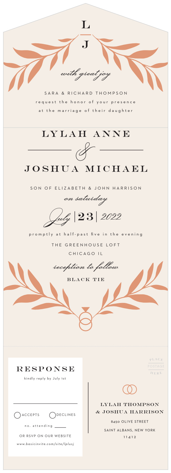 Our Shining Laurels Seal & Send Wedding Invitations are perfect to bring family and friends together to join the celebration of your marriage.