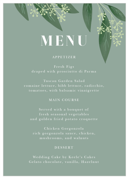 Even your menus deserve to be styled perfectly! With our Simple Greenery Wedding Menus, you get beautiful greenery at the top and the menu items centered in the middle in white text against a complementary green background.