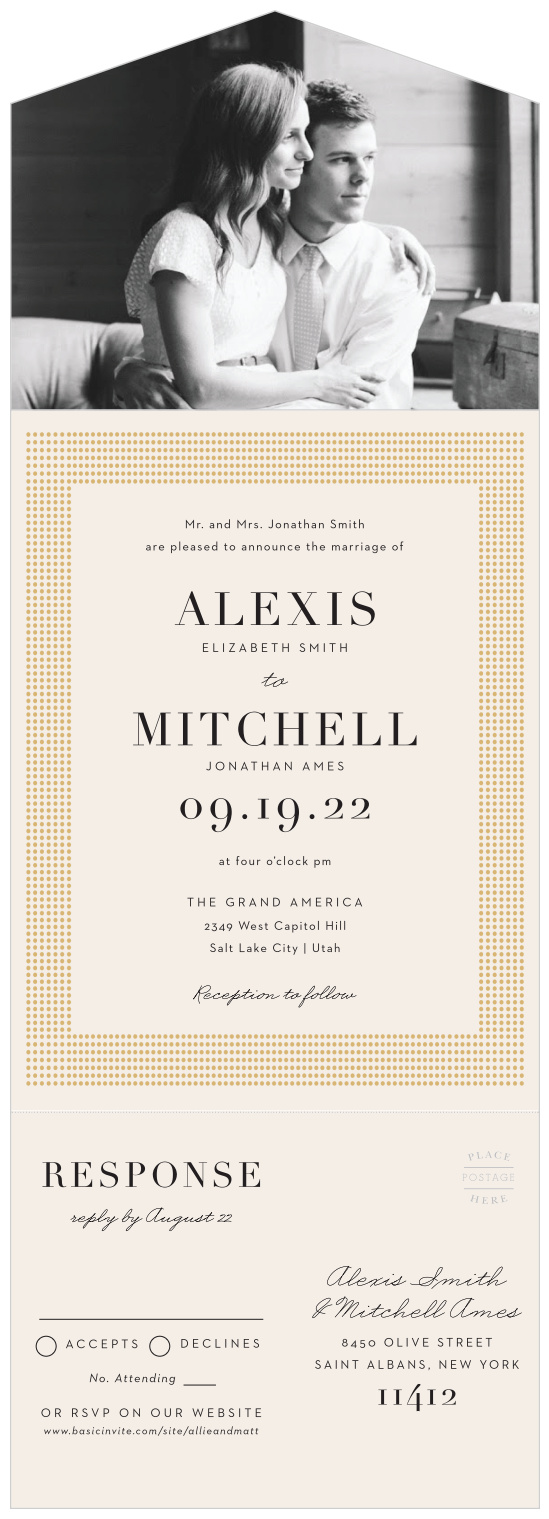 Bring your family and friends together to take part in your special day with our Gilded Dots Seal & Send Wedding Invitations.