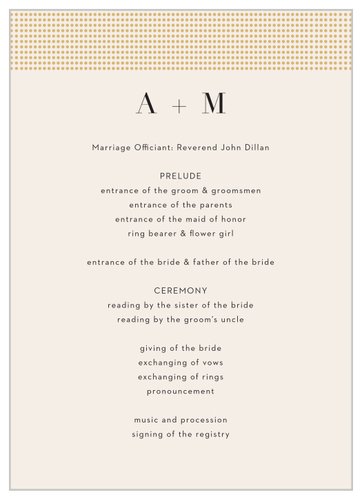 Let your close friends and family know every step of your ceremony with our Gilded Dots Wedding Programs. 