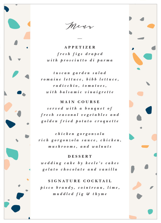 Present your event's meal courses in style with our Grand Terrazo Wedding Menus!