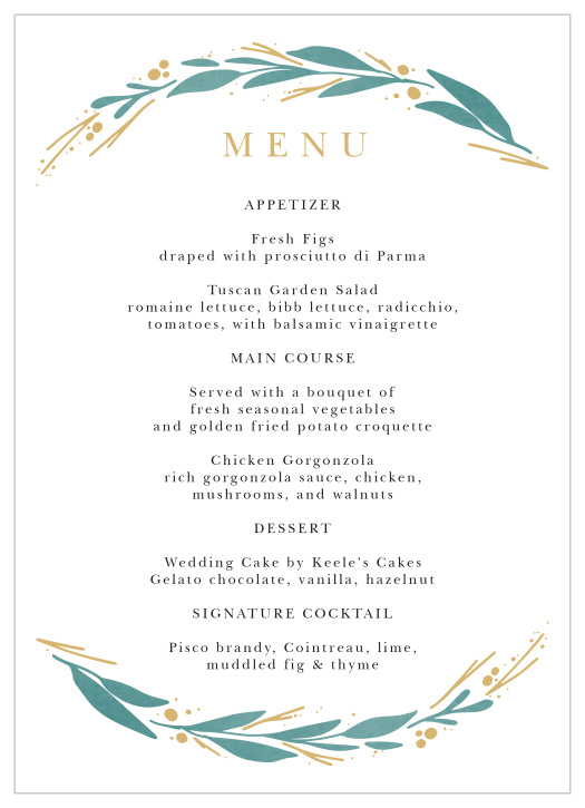 Inform your family and friends what delicious foods you will serve at your wedding dinner with our Vignes Vines Wedding Menus.