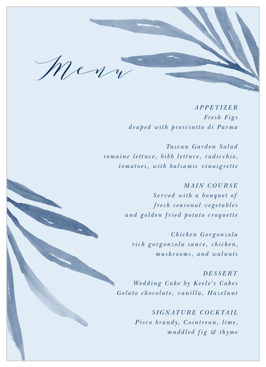 Showcase your wedding menu with our Serenity Leaves Wedding Menus.