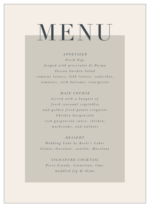 Inform your family and friends what delicious foods you will serve at your wedding dinner with our Modern Inlay Wedding Menus.