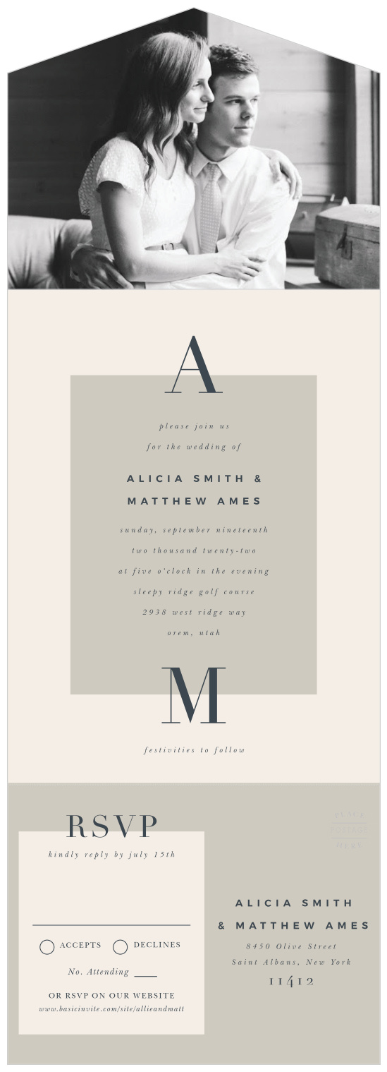 A beautiful, photo highlights the occasion and is the first thing your guests will see when they open your Modern Inlay Seal & Send Wedding Invitations.