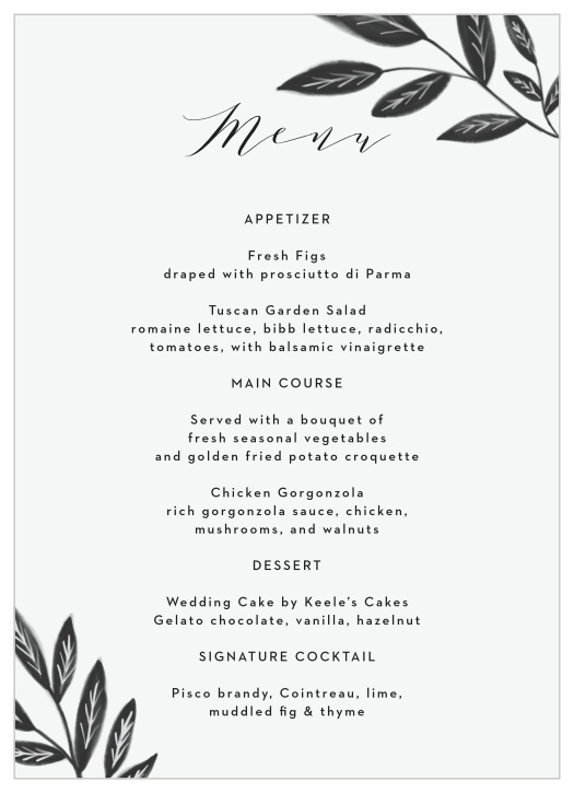 Inform your family and friends what you will be serving for your wedding dinner with our Watercolor Leaves Wedding Menus.