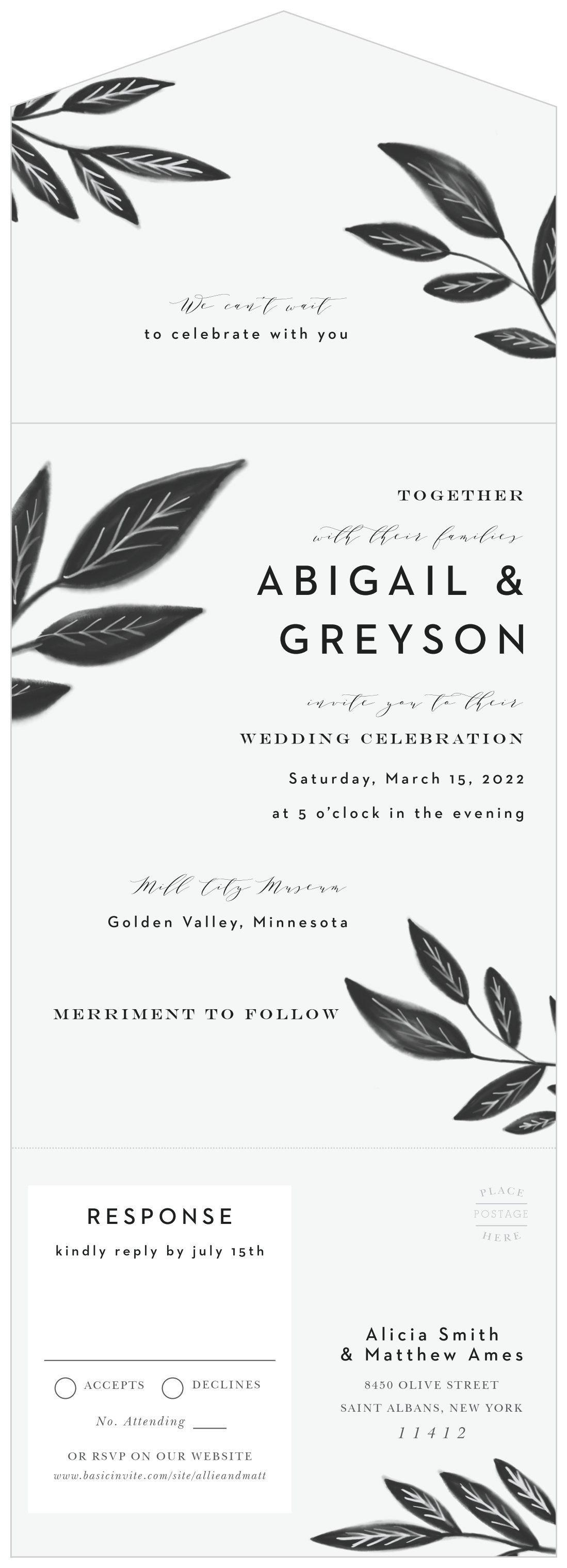 Watercolor Leaves Seal & Send Wedding Invitations