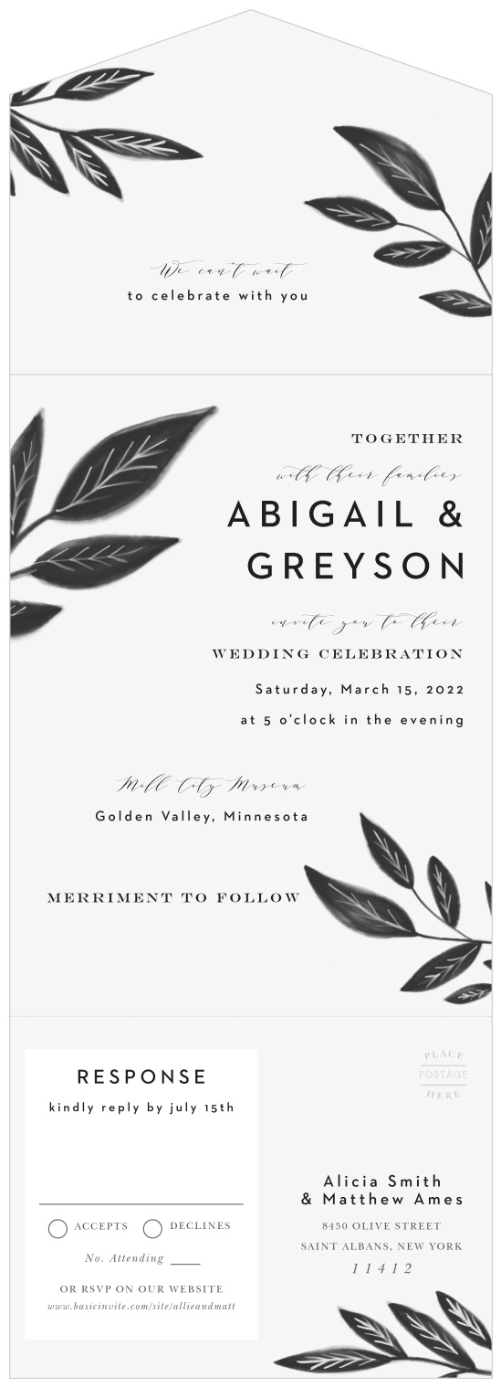 Gather your family and friends together to join in the celebration of your marriage with our Watercolor Leaves Seal & Send Wedding Invitations.
