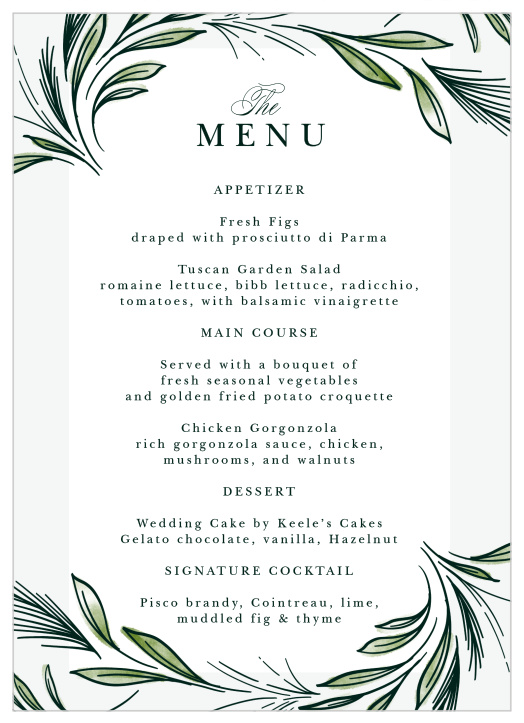 Add your dinner options to the soft elegance of the Spring Foliage Wedding Menus.