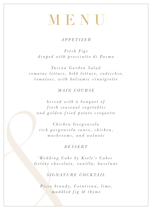 Our Modern Ampersand Wedding Menus let your family and friends know what delicious food choices you made for your wedding dinner.