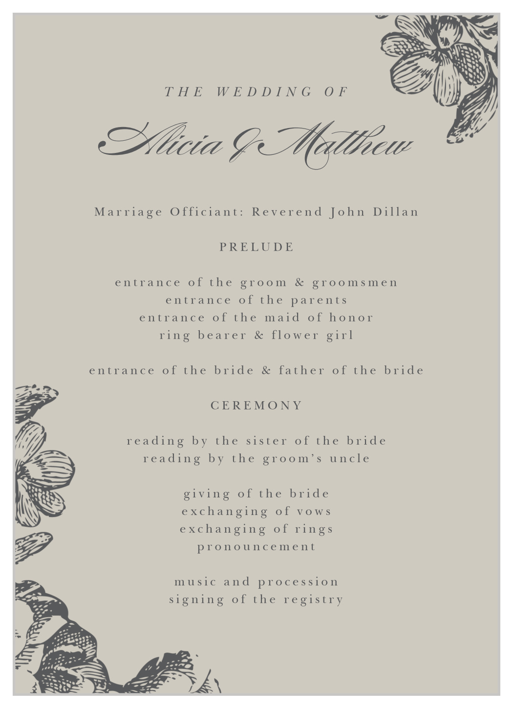 Engraved Floral Wedding Programs