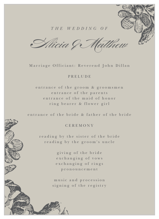 You couldn't ask for a more lovely vintage design for keeping your guests in the loop during your event, than our Engraved Floral Wedding Programs!