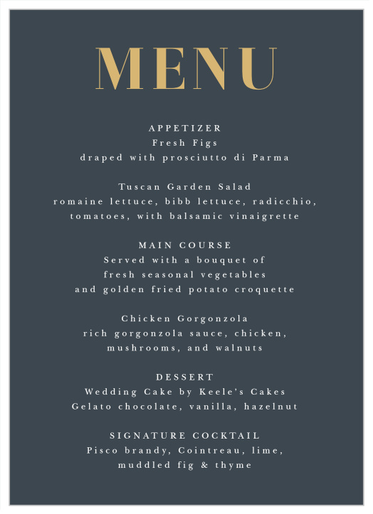 Our Each Other Wedding Menus are just right for displaying all of your event's mouthwatering meal options!