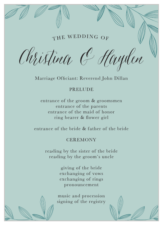 Our Outlined Laurels Wedding Programs are the perfect way to outline your wedding proceedings for your guests!