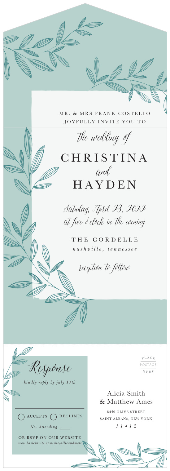 Our Outlined Laurels Seal & Send Wedding Invitations are the perfect way to surround yourself with your friends and family for your wedding celebrations!