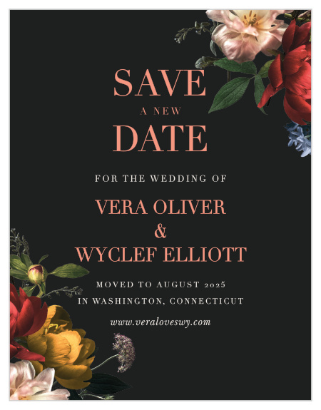 Need to change plans? No problem. Our Dark Dutch Florals Change the Date Cards are here to make things a little easier.