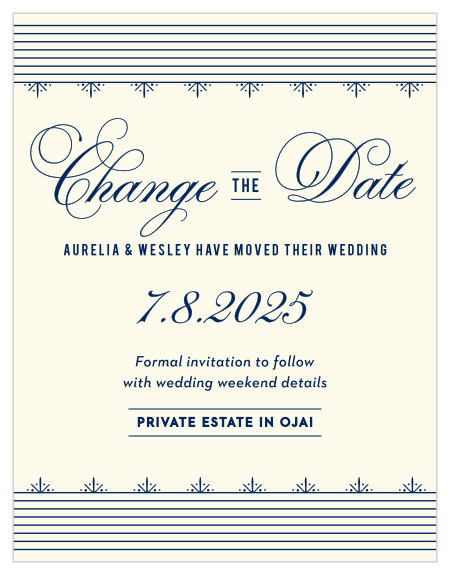 Let your family and friends know your new wedding date with our MaeMae's Jack Change the Date Cards.