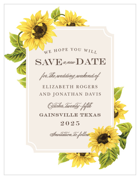 Take the ease off of delaying your wedding with our Sunflower Frame Change the Date Cards.