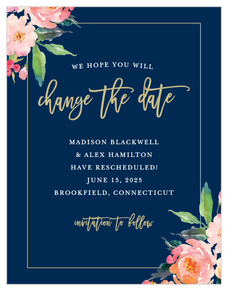 Make your changes official by sending out our Navy Gold Change the Date Cards to all of your guests!
