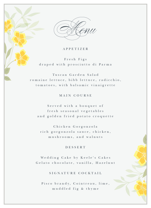 You couldn't ask for a more lovely  design for displaying your event's meal options than our Clematis Blossom Wedding Menus!