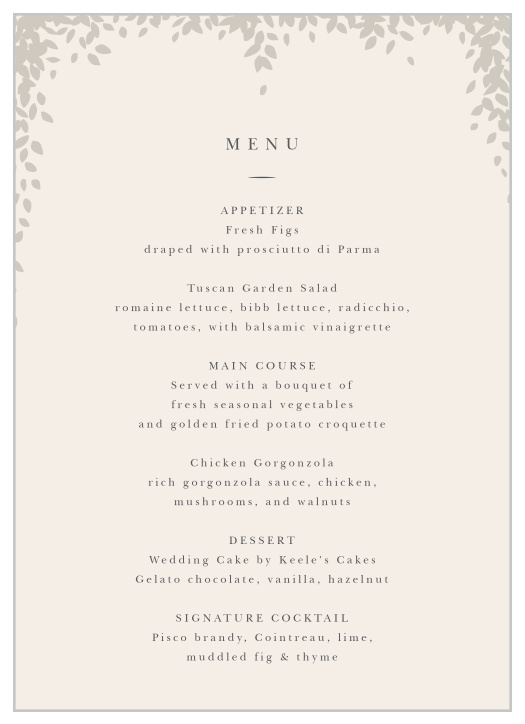 Our Subtle Garland Wedding Menus are the perfect way to outline your course selections for your guests!