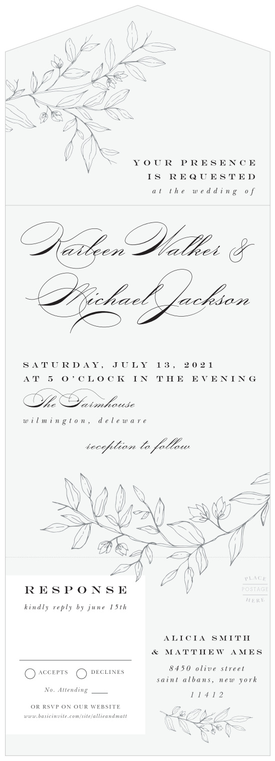 Easily and effortlessly gather your guest list with our lovely Penwork Florals Seal & Send Wedding Invitations!