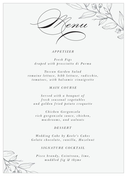 Display your event's meal options with our Penwork Florals Wedding Menus!