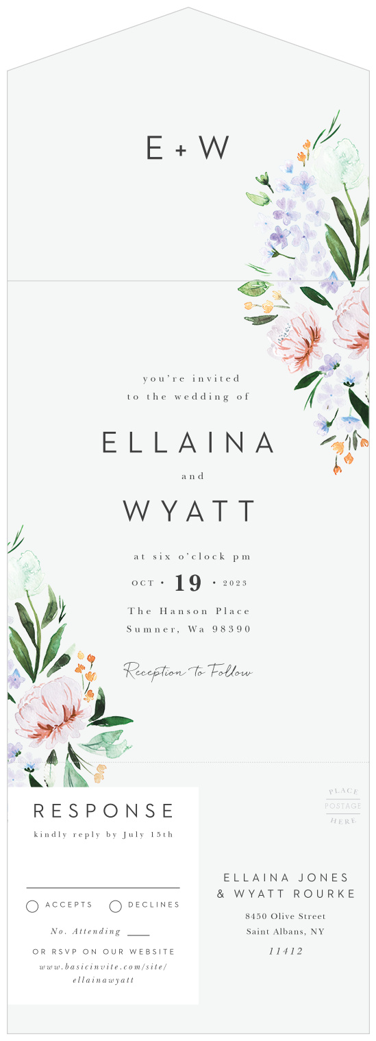 There's no better way to decorate a springtime wedding than with an abundance of colored flowers, and we wanted to replicate that thought in an invitation! Our Floral Cascade Seal & Send Wedding Invitations come with bouquets of gorgeous multicolored watercolor flowers growing in from the edges of the frame, sure to fit any wedding theme.