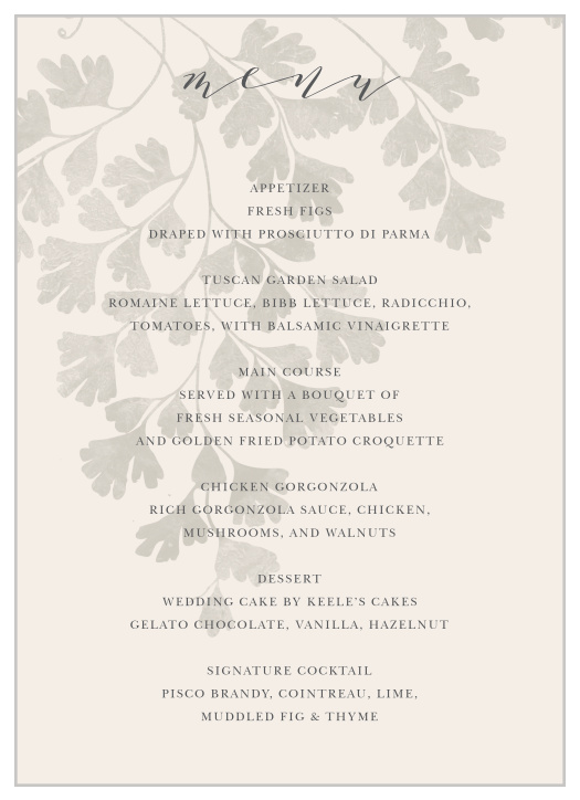 Match your menus to your wedding theme flawlessly with our Fern Frame Wedding Menus.