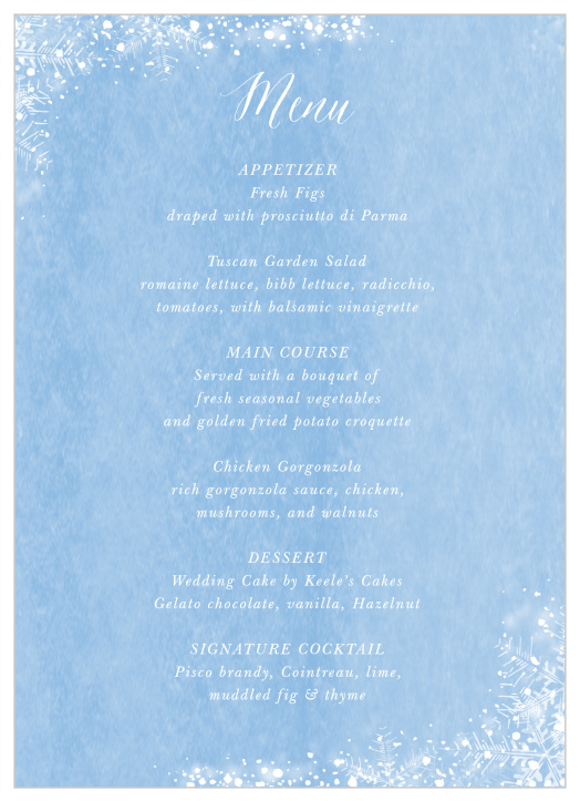 Get your guests' excited for a warm meal with our stunning Cozy Frost Wedding Menus.