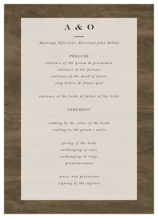 Inform your family and friends of every step of the ceremony with our Timeless Wood Wedding Programs. 