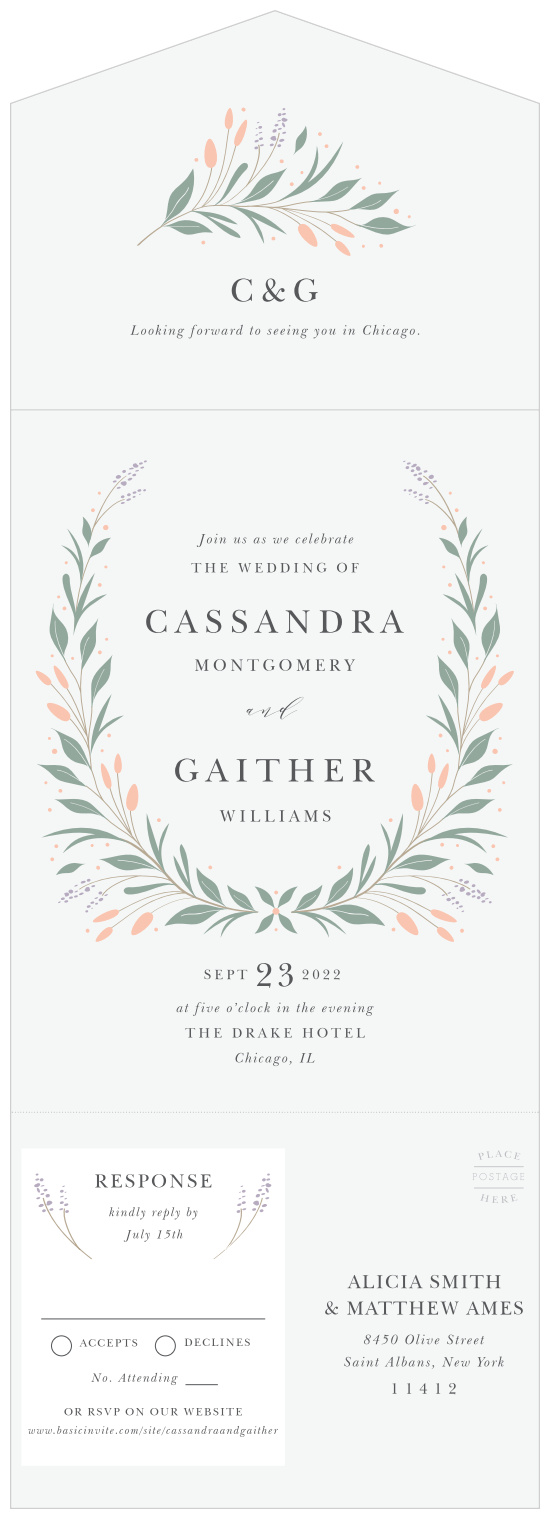 Surround yourself with family and friends on your special day with our Laurel Foliage Seal & Send Wedding Invitations.