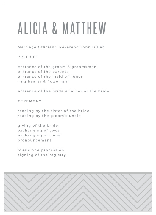 Let your family and friends know every step of your ceremony with the neat minimalist look of our Mod Lines Wedding Programs.