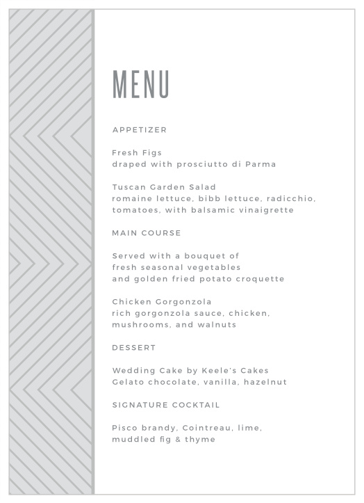 You can be sure that your menus will double as decor when they are displayed at each table of your event when they are our Mod Lines Wedding Menus!