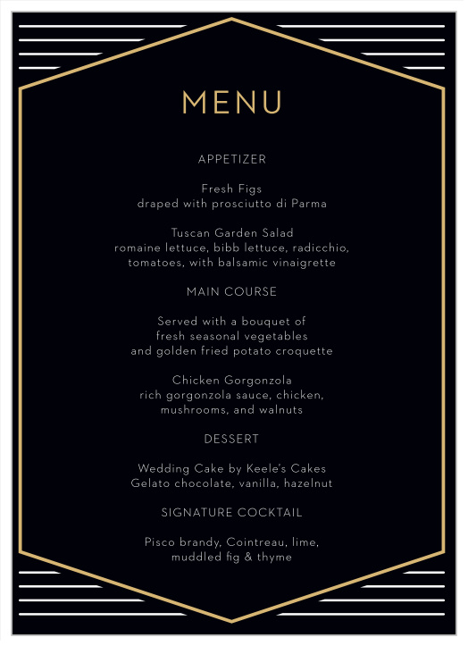 Inform your family and friends what delicious foods will be served on your special day with our Golden Photo Wedding Menus.