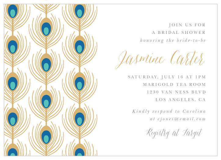 Gather your family and friends together to celebrate before the big day with our Peacock Feather Bridal Shower Invitations.