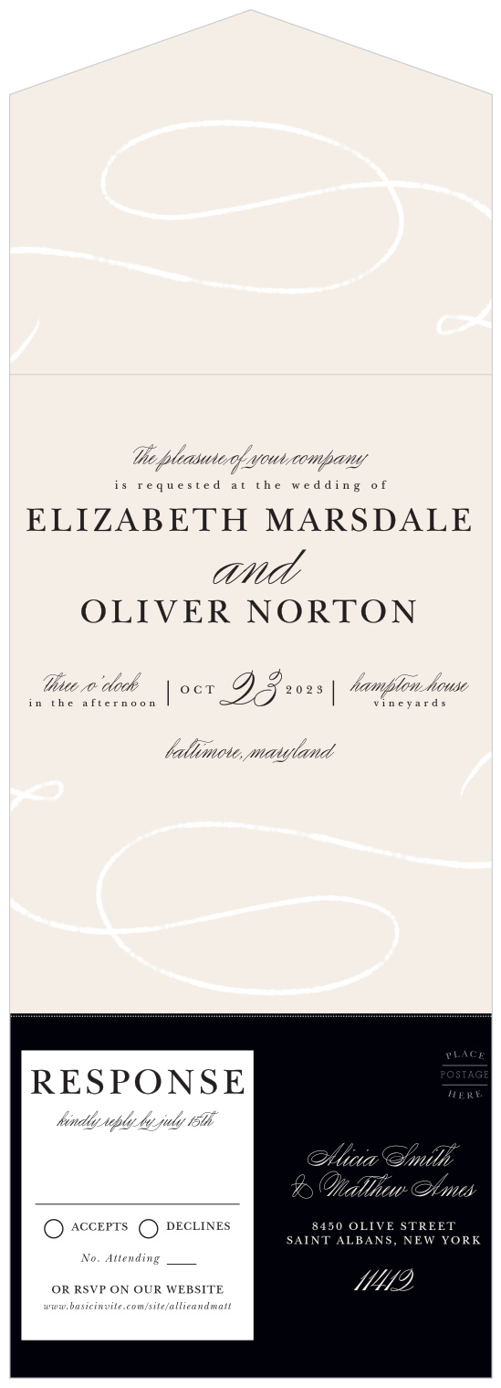 Easily and efficiently gather your guests' RSVPs, alongside your invitations, by mailing out our elegant Swirling Flourish Seal & Send Wedding Invitations!