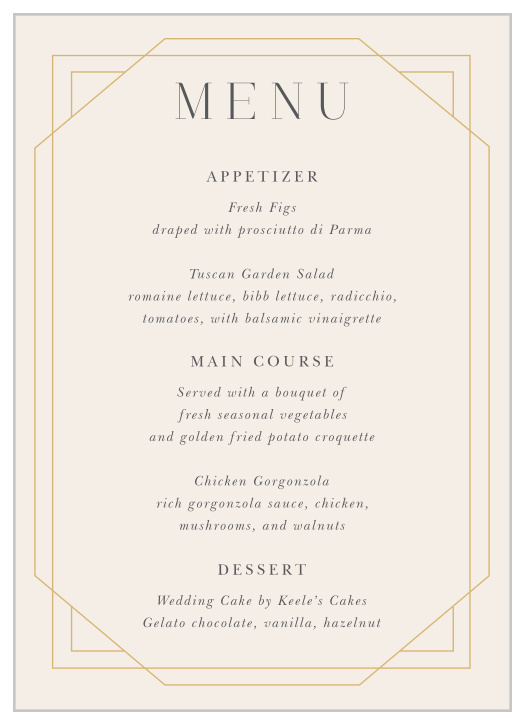 Our Deco Dream Wedding Menus inform family and friends what delicious foods will be served at your reception.