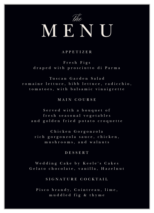 Our Swirling Flourish Wedding Menus are the perfect simple design to fit right in with any event!