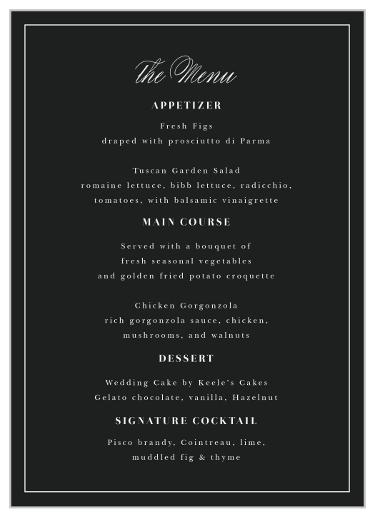 Our Mod Photo Wedding Menus are perfect for letting family and friends know what delicious foods will be served at your reception.