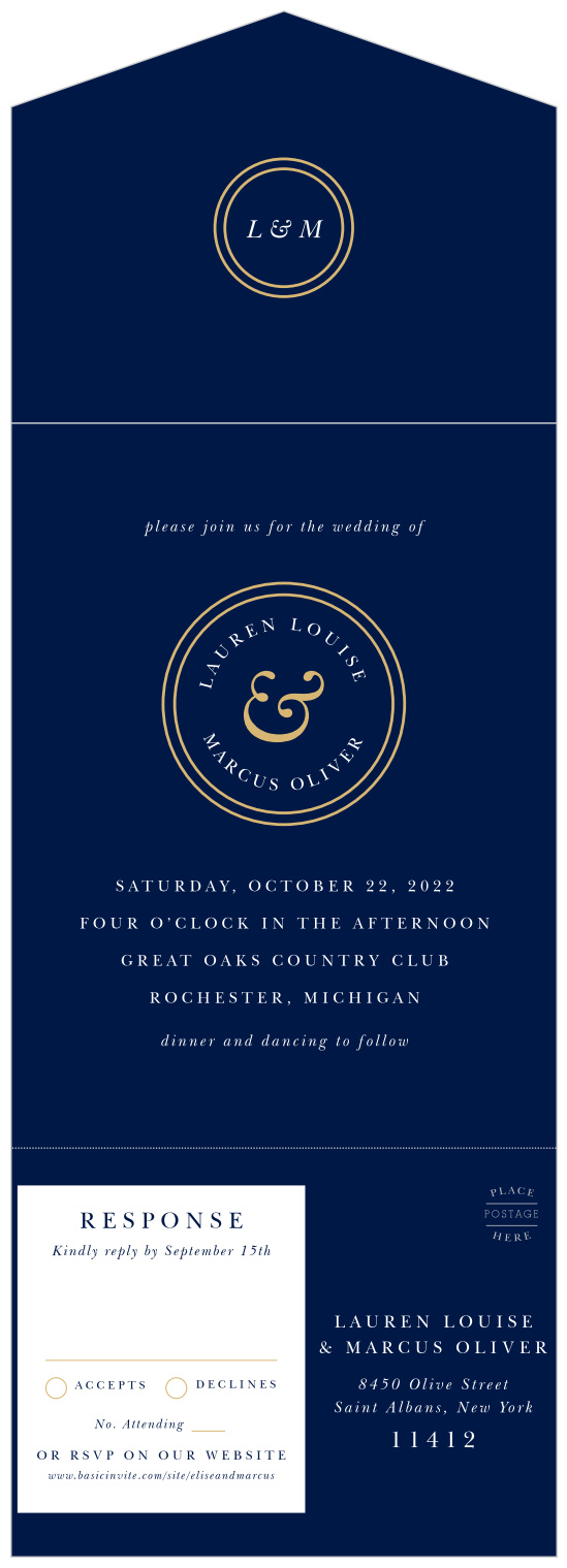 Effortlessly send your invitations, and gather your guests' RSVP's, by mailing out our Royal Emblem Seal & Send Wedding Invitations!