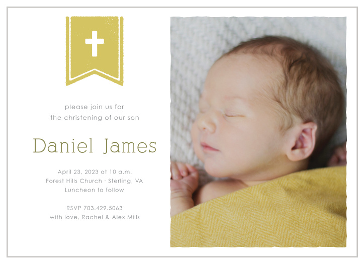 A cross on a flag complements your son’s photo on the Banner and Cross Boy Christening Invitations. 