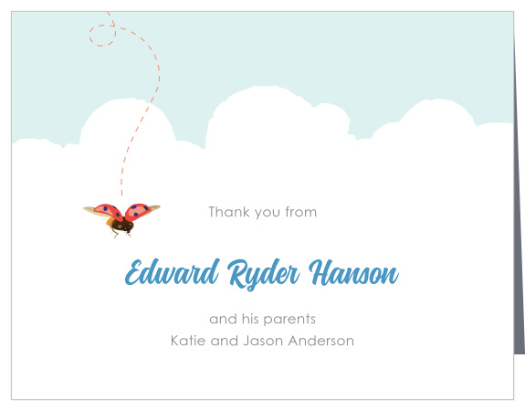 Write your son’s name in the sky of the Baby Bug Boy Christening Thank You Cards. 