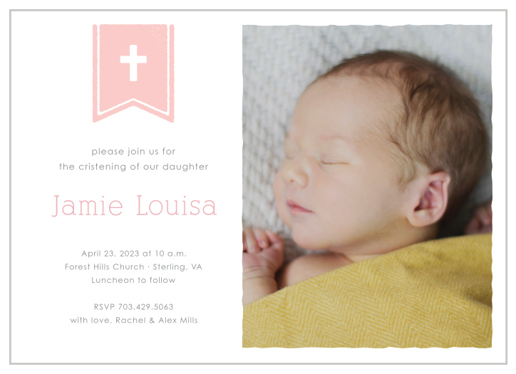 A cross on a flag complements your daughter’s photo on the Banner and Cross Girl Christening Invitations. 