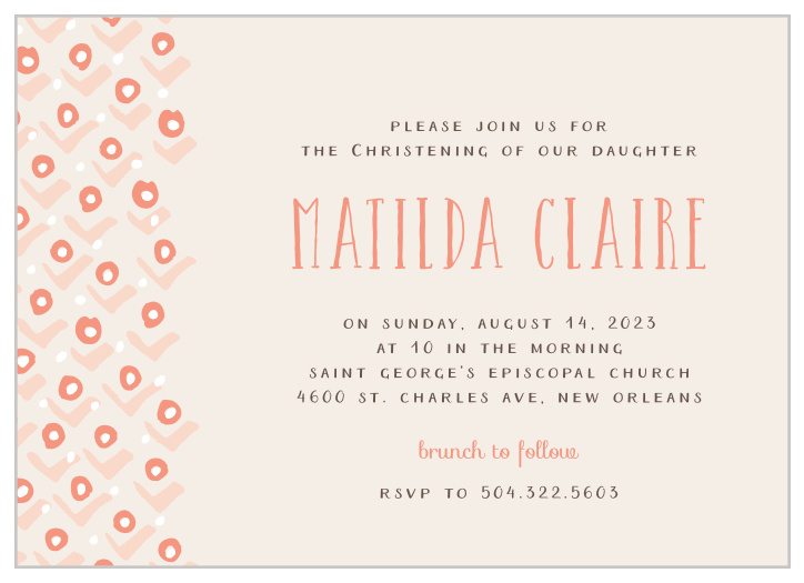 A stylized pattern of rosebuds cascades down the left-hand side of the Blushing Buds Girl Christening Invitations. 