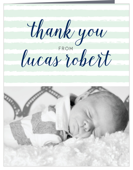 Design the Brushed Stripes Boy Christening Thank You Cards with a photo of your little leading man at the bottom.