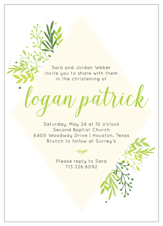 Whimsical foliage bursts from behind a diamond frame on the Diamond Botanic Boy Christening Invitations. 