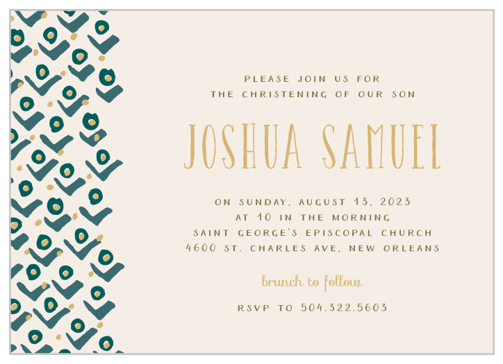 A stylized pattern of rosebuds cascades down the left-hand side of the Blushing Buds Boy Foil Christening Invitations.