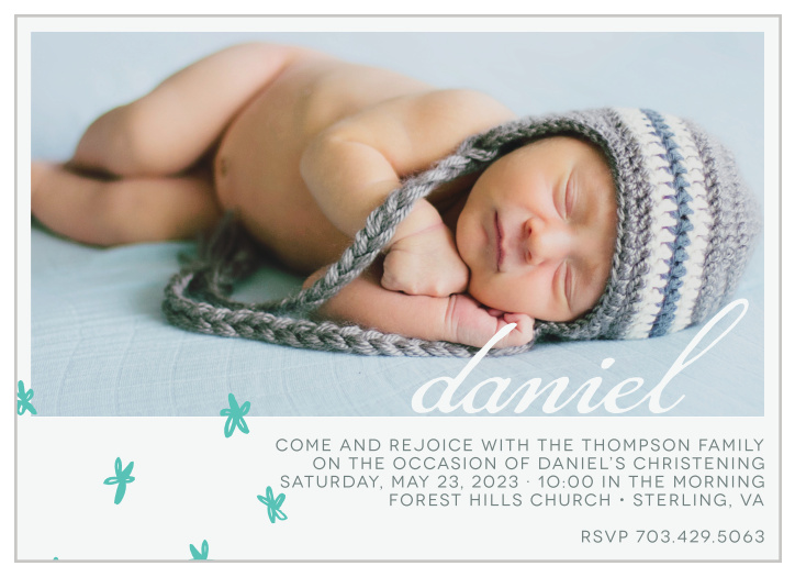 Fun hand-drawn flowers decorate the left-hand corner of the Doodle Petal Boy Christening Invitations. 